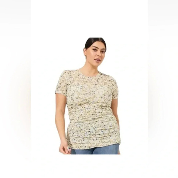 NWT Torrid Blue Yellow Ditsy Floral Ruched Blouse Size 0 or Large - Picture 1 of 15